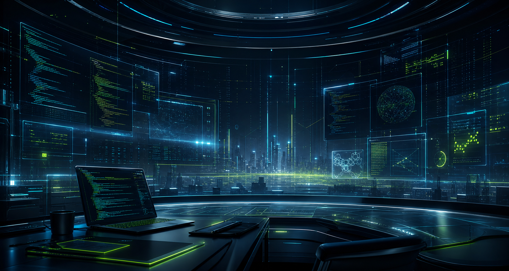 Futurystyczna scena sterowni developerskiej w cyberowym stylu.